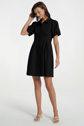 Image of D-Sun Women's Short Puff Sleeve Shirt Dress Button Down Pleated Mini Dress Casual Short Dresses