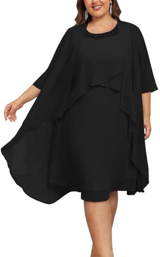 Hanna Nikole Vestido de cóctel de gasa de dos piezas para mujer, talla grande, con lentejuelas, elegante, vestido de invitada de boda, acampanado, sin mangas, cuello redondo, vestido de madre de la