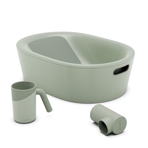 Image of Lalo Bathtime Starter Kit, 3 Pieces, Baby Bathtub, Rinse Cup & Spout Cover | Includes Multi-stage Bathtub (Ages 0+), Rinse Cup & Spout Cover, Safe, Easy to Clean Design, 25.3 x 18 x 7.7 in, Sage