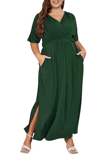 Image of Keluummi Plus Size Maxi Dress for Women Floral Empire Waist V-Neck 3 /4 Sleeve with Pockets