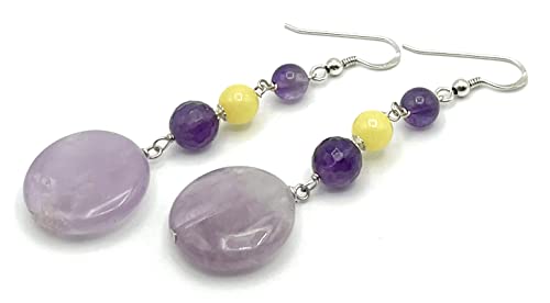 Boucles d'Oreilles Argent 925 Améthyste véritable et jade jaune, artisanat haut de gamme pour femme