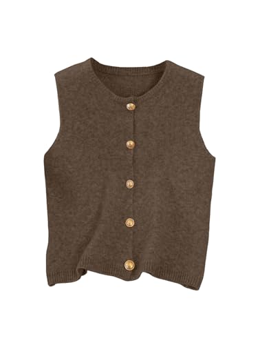 Image of RoseSeek Women's Button Down Sweater Vest Sleeveless Crewneck Knit Outerwear Old Money Knitwear