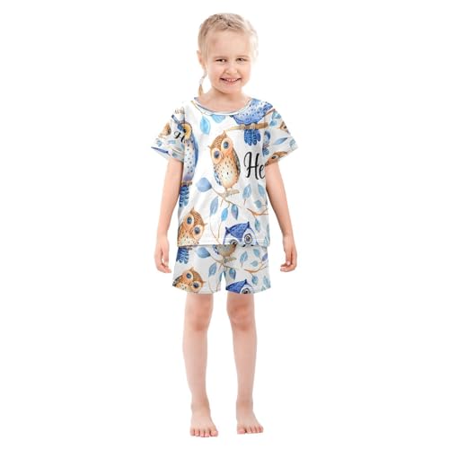 senya Short Sleeve Pajamas Sets Summer Cotton Sleepwear Watercolor Funny Owls3