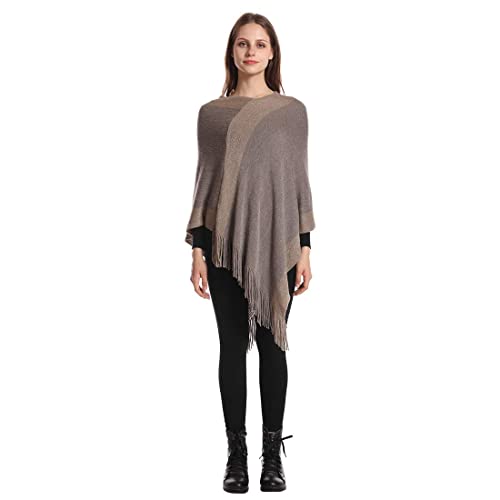 Image of Women's Elegant Knitted Shawl Poncho with Fringed V-Neck Striped Sweater Pullover Cape Gifts for Women Mom