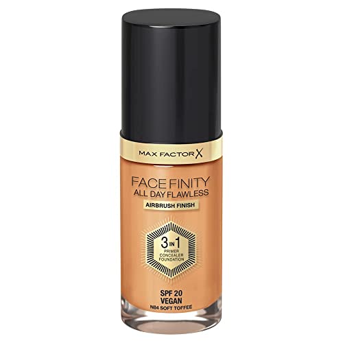 Max Factor Fondotinta Facefinity All Day Flawless – Correttore, Fondotinta liquido e primer viso 3-in-1, Formula vegan, Copertura modulabile, Tenuta fino a 30 ore, SPF20 – N84 Soft Toffee, 30 ml