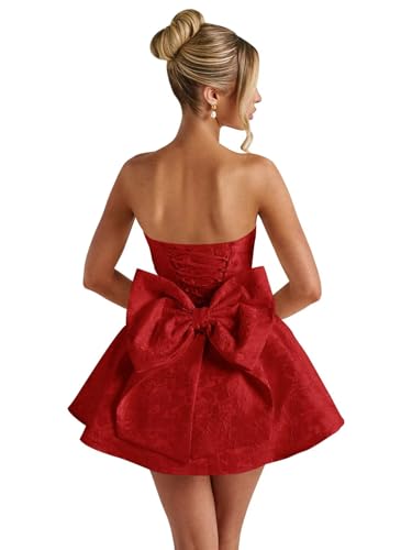 Image of Basgute Floral Jacquard Satin Short Homecoming Dresses for Teens A Line Strapless Formal Prom Evening Gown with Bow
