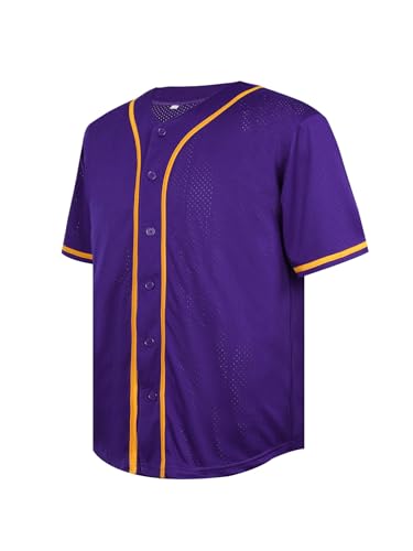 Camiseta baseball para hombre, manga corta, color púrpura con ribete amarillo, talla M