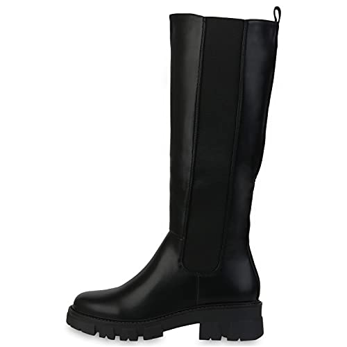 VAN HILL Damen Klassische Stiefel Blockabsatz Schuhe Profilsohle Boots Absatzschuhe Freizeitschuhe 201156 Schwarz Total 37