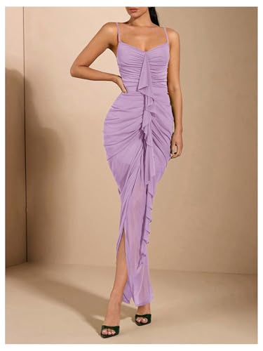 Image of Floerns Women's Ruffle Ruched Cami Dress Draped Split Elegant Bodycon Maxi Dresses