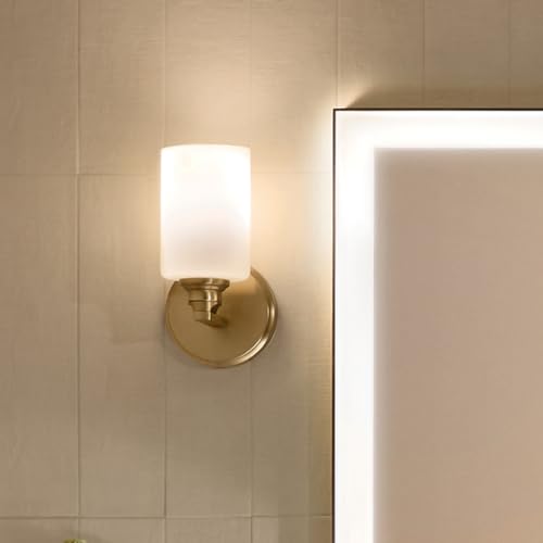 Image of Kichler Gioe 5 inch 1-Light Wall Sconce Bathroom Vanity Light with Opal Glass in Champagne Bronze, Damp Rated for Powder Room, Kitchen, Hallway, Bedroom (5 inch W x 9.5 inch H), 55224CPZ