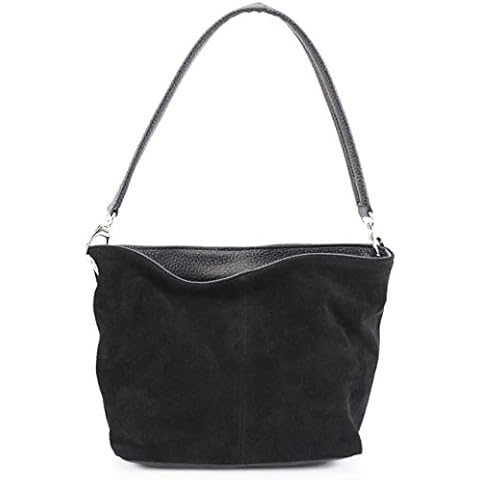 Genuine Italian Suede Leather Medium Size Bucket Style Handbag Shoulder Bag (Black) Cover