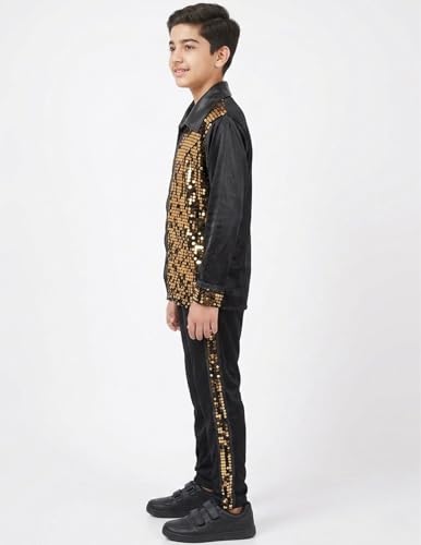Image of BookMyCostume Western Dance Costume for Boys - Black & Golden Sequin Collared Shirt & Pants Set | Annual Day Dance Dresses & Fancy Dress for Stage Shows & Performances | 10-12 Years