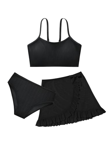 URMAGIC Girls 2 Piece Swimsuits with Skirts Ribbed Spaghetti Strap Bikini Sets Swim Bathing Suit for Teen Girls Black