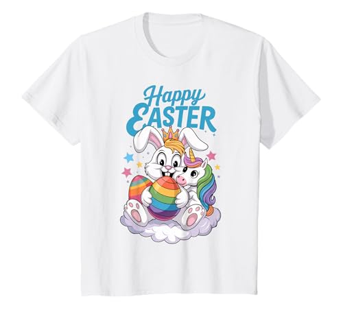 Bambino Happy Easter Cute Bunny Unicorn Rainbow Colorful Eggs Kids Maglietta