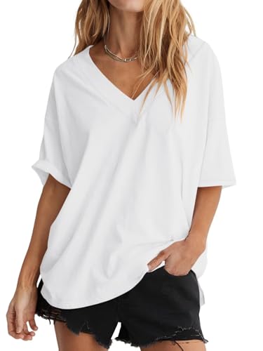 Womens Oversized T Shirts Cotton Short Sleeve Tees Ribbed Trim V Neck Tops Loose Fit Fashion Clothes 2025