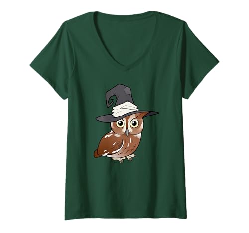 Womens Halloween Eastern Screech Owl Cute Cartoon Funny Bird Witch V-Neck T-Shirt