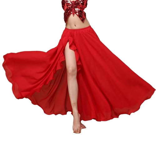 Baisdan Jupe Danse Orientale en Chiffon à Fente, Jupe Flamenco Femme pour Pratique, Cours et Spectacle Rouge