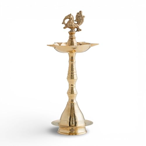 Image of Indian Art Villa Pure Brass Shine Finish Stand /Pillar Diya /Deepak /Lamp /Lantern with Peacock Design, Pooja, Home Decor & Diwali Gift Item, Height-16 Inches