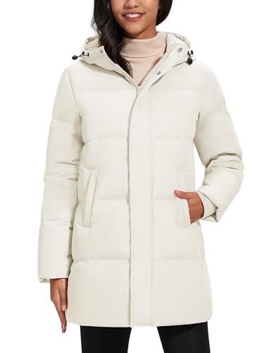 YUCOLEN Women's Down Jacket with Hood Parka Winter Coats Puffer Warm Jackets Waterproof Long Fashion Outwear BeigeWhite M