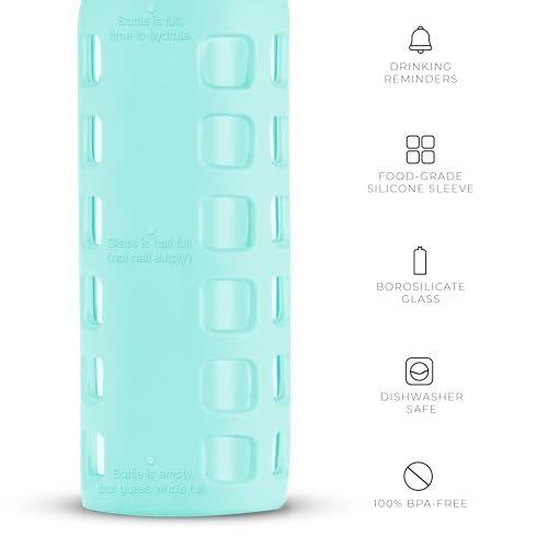 purifyou 40/32/22/12 oz Glass Water Bottles, Reusable with Time & Volume Markings, Non-Slip Silicone Sleeve, Stainless Steel Lid, for Water, Milk & Juice (12oz FrostedMist)