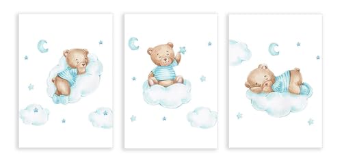 Dessin animé animal enfant toile ours lune nuages pour habiller un mur blanc sans effort