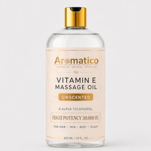 Image of AROMATICO Vitamin E Massage Oil 30,000 IU Unscented - Carrier Oil for Massage with Pure & Natural Alpha-D-Tocopherol, Almond & Jojoba for Deep Nourishment & Stretch Marks | 300ml