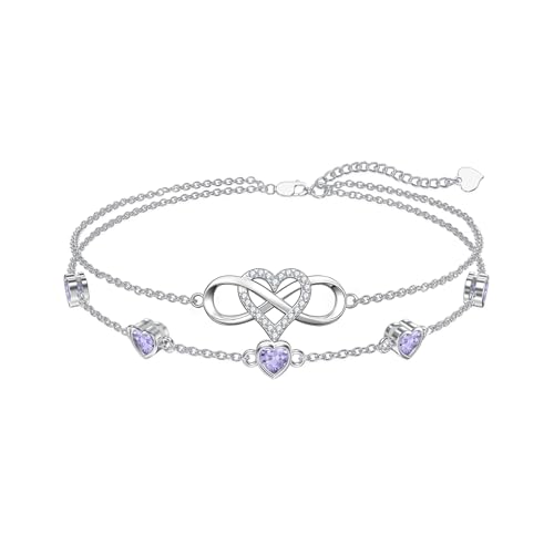Image of Dorunmo 925 Sterling Silver Infinity Heart Birthstone Anklet Bracelets for Women Best Mother's Day Birthday Jewelry for Wife Girlfriend Mom Her
