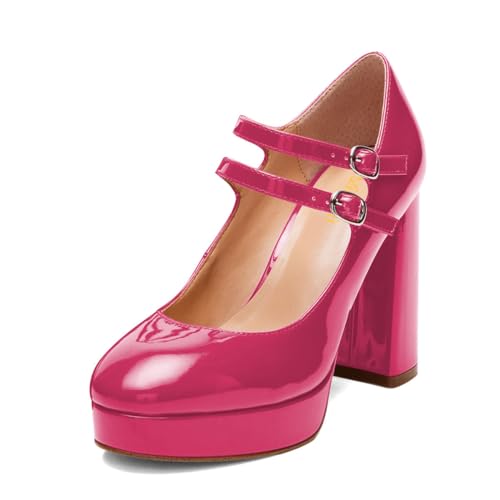 miss left Women Platform Closed Round Toe Mary Jane Pumps Two Strap High Chunky Block Heels Cute Party Shoes Size 4-16 US