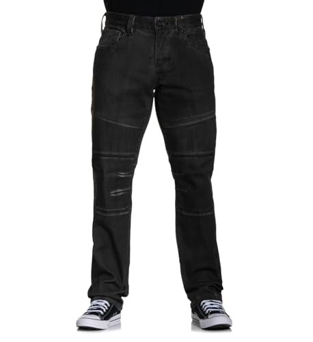 Affliction Men's Black Denim Jeans, Distressed Moto Style, Straight Leg Cut with Contrast Stitching2