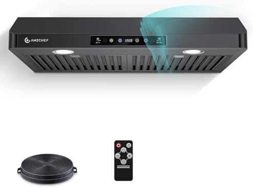AMZCHEF Under Cabinet Range Hood 30 Inch, 750CFM Stainless Steel Kitchen Stove Vent Hood 3 Speed Exhaust Fan Touch/Remote/Gesture Control LED lights Time Setting Dishwasher-Safe Baffle Filters-Black