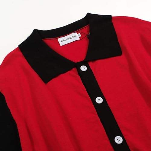 OXKNIT Men Knit Polo Shirts Short Sleeve Red Vintage Polo Shirt Casual Golf Shirts with Black White Wave3