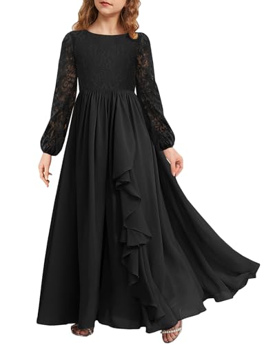 MITILLY Girls Fall Long Sleeve Maxi Dress Vintage A-Line Chiffon Ruffle Flowy Lace Flower Girl Dresses for Wedding Party