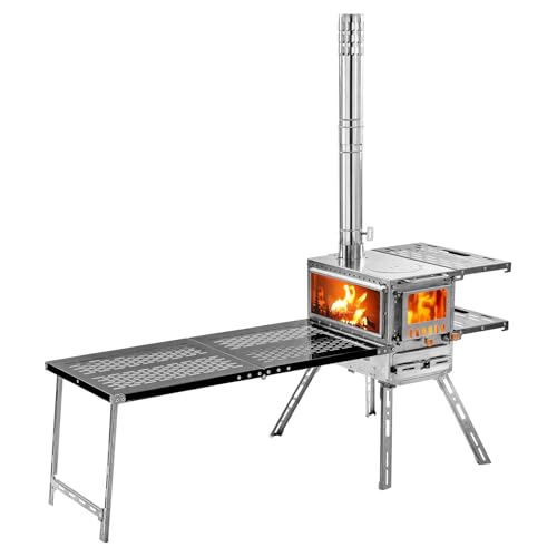 M6 Wood Burning Stove with Oven and Folding Camping Table, Stainless Steel Portable Hot Tent Stove with Six Chimneys and Vents for Outdoor