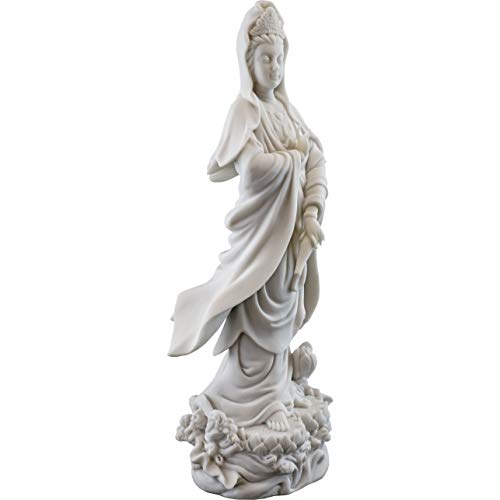Estatua Quan Yin en pedestal de loto acabado mármol blanco miniatura 4