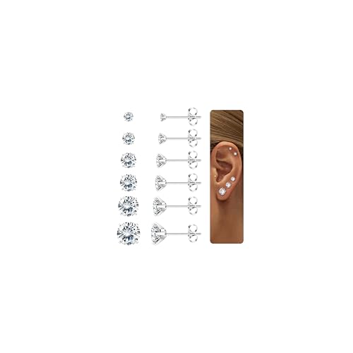 Diamday 6 Paires Boucles d'Oreilles pour Femmes Hommes Acier Chirurgical Piercing Oreille Hypoallergénique Clou d'Oreille 5A Zircone Cubique Helix Cartilage Tragus...