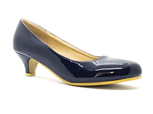 Ladies Womens Low Kitten Heel Work Court Evening Girls Shoes Pumps Size 3-12 (5 UK, Navy Patent)