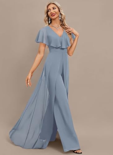 Women's Bridesmaid Pant Suits Chiffon V Neck Outfit Set Evening Gowns Jumpsuit Wedding Party with Puffy Sleeve4