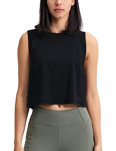 Women Yoga Workout Tank Tops Fitness Bodybuilding Cropped Vest Athletic Sleeveless Shirts Black M