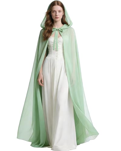 Joukavor Chiffon Hooded Cloak Medieval Renaissance Fantasy Cape for Women (Light Green)