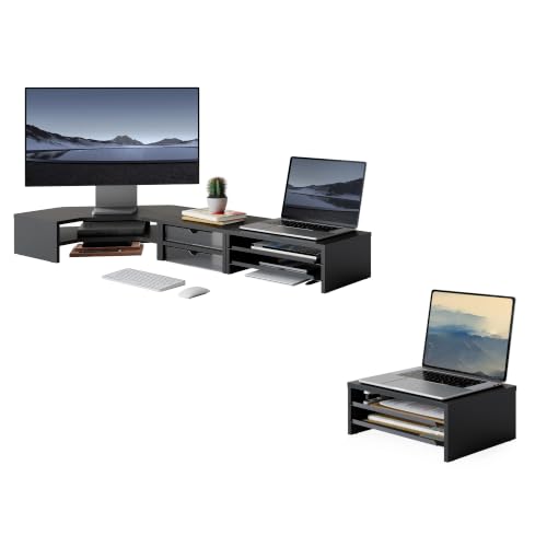 Image of Fenge 42.5Inch Corner Monitor Stand with Drawer, 3-Tier Monitor Riser with Slide-Out Tray
