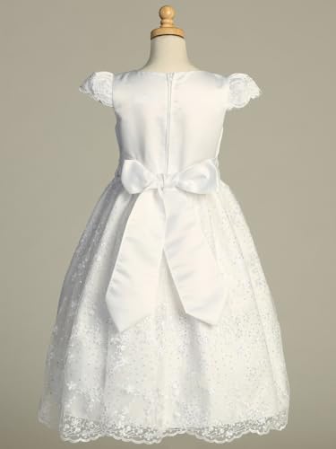 Made in USA - First Communion Dress for Girls w/Satin Bodice & Embroidered Tulle w/Cap Sleeve - White 1st Communion Dress2