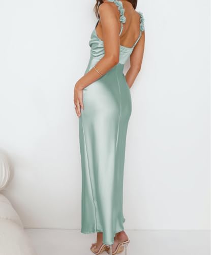 Image of Phicia Summer Satin Spaghetti Strap V Neck Midi Dresses for Women Wedding Guest Elegant Flower Backless Cocktail Formal Dress