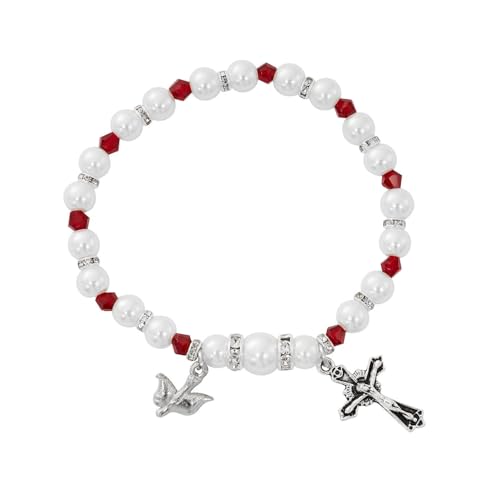 Catholic Stretch Rosary Bracelet White Pearl And Garnet Crystal 7.75