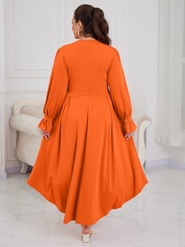 Image of Baczoe Plus Size Long Sleeve Church Dress for Curvy Women | Maxi Length, Elegant Formal Style, Flowy A-Line Shape, Two Side Pockets
