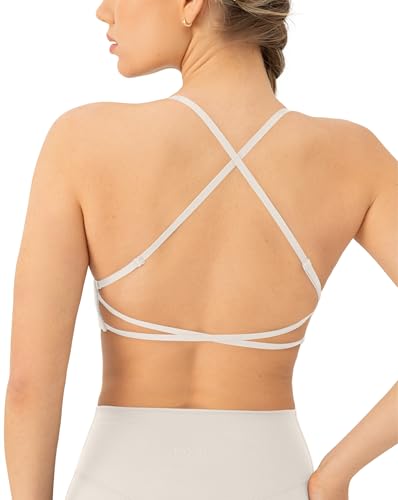 Image of PAVOI ACTIVE Open Back Strappy Yoga Workout Bras for Women - Low Support Criss-Cross Sports Gym Bra Removable Pads - FlexFlow, X-Large, Moon
