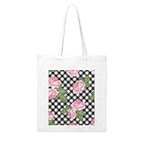 Wykjtwo Imprimir Rosas Sobre Cuadros Blancos Y Negros, Bolso de compras Bolsa de comestibles Bolsa de mano Bolsa de lona, ​​Bolsa de hombro de lona multiusos