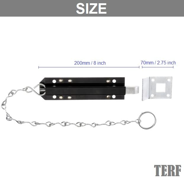 TERF® Heavy Duty Chain Door Bolt 200mm (8 inch) Including Fixing Screw Black Spring Loaded Chain Door Bolt For Garage Cabinet Garden Shed Industrial Door Bolt Latch Catch Door Lock - Image 3