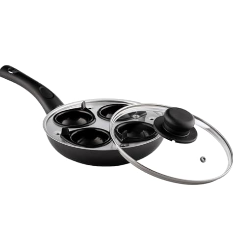 COOKCLASSIC Non-Stick Egg Poacher Pan 4 Cup Egg Poacher 20 cm Frying pan Tray 4 Cups with Glass Lid UK MADE Dishwasher Safe Suitable for All Hobs except Induction