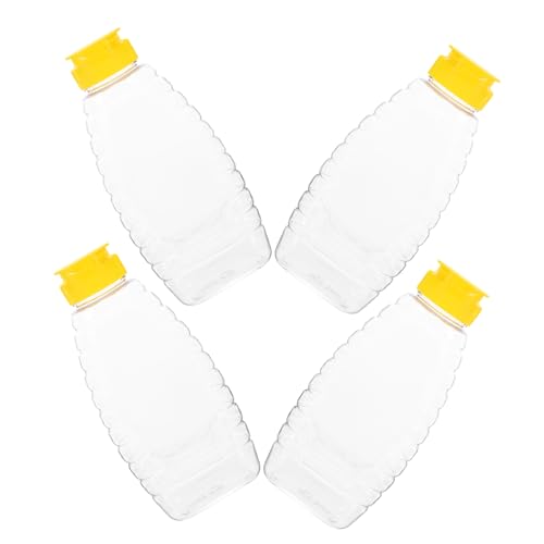 OKUMEYR 4Pcs Transparent Plastic Honey Bottle Capacity Honey Dispenser with Lid Reusable Squeeze Containers for Storing Honey Jam Bbq