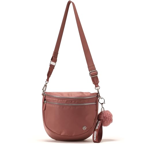 Image of Pander Crossbody Bum Bag for Women, Everyday Nylon Shoulder Bag with Pompom Keychain Wristlet Bag Charm, Adjustable Strap